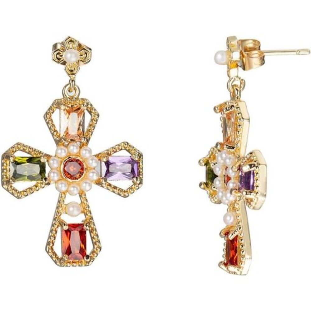 Colorful Crystal Cross Dangle Earrings | Hypoallergenic Drop Earrings for Women